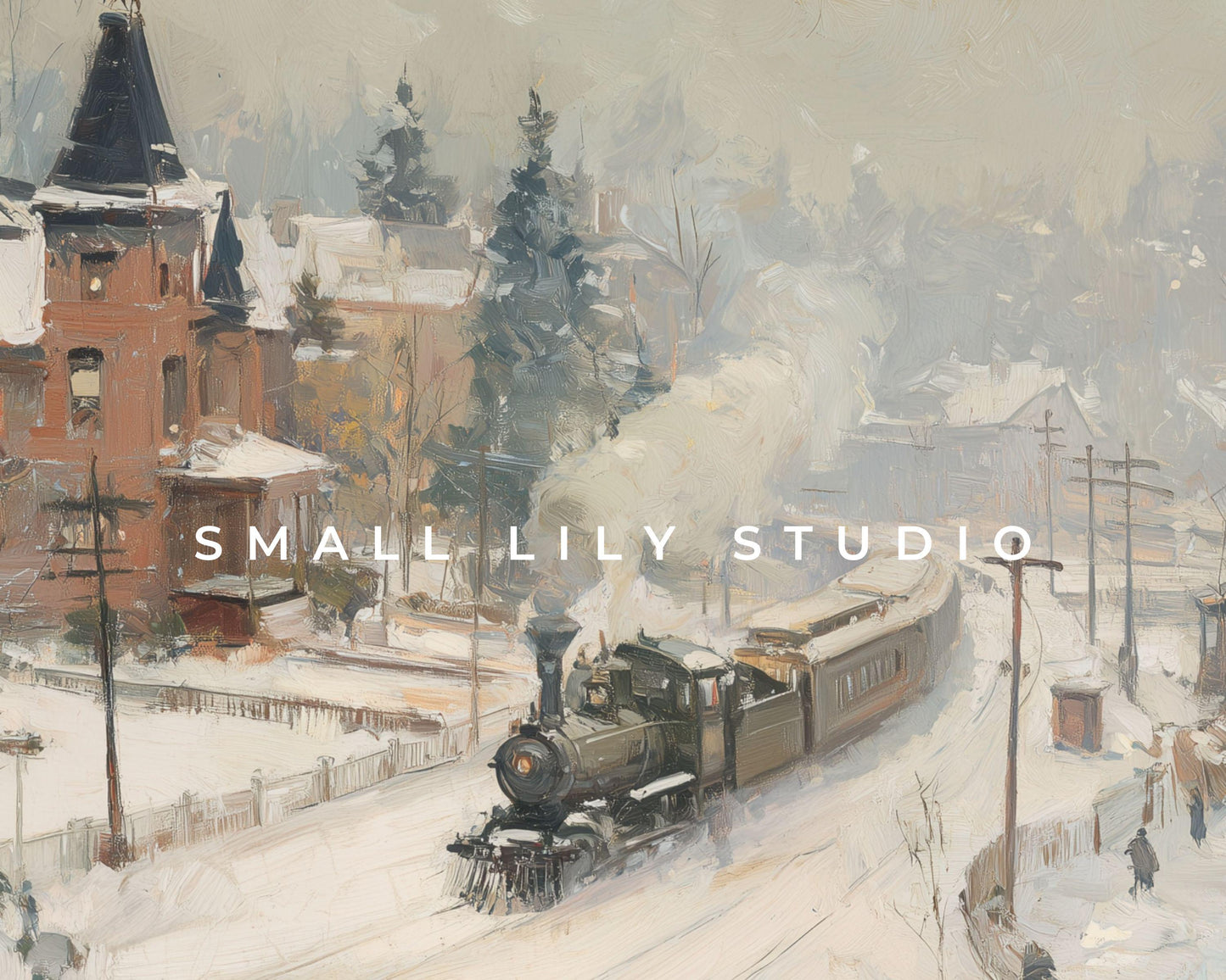FRAME TV art Train in Winter Town, Samsung Frame TV art Rustic Country Landscape Vintage Style Painting | TV1058