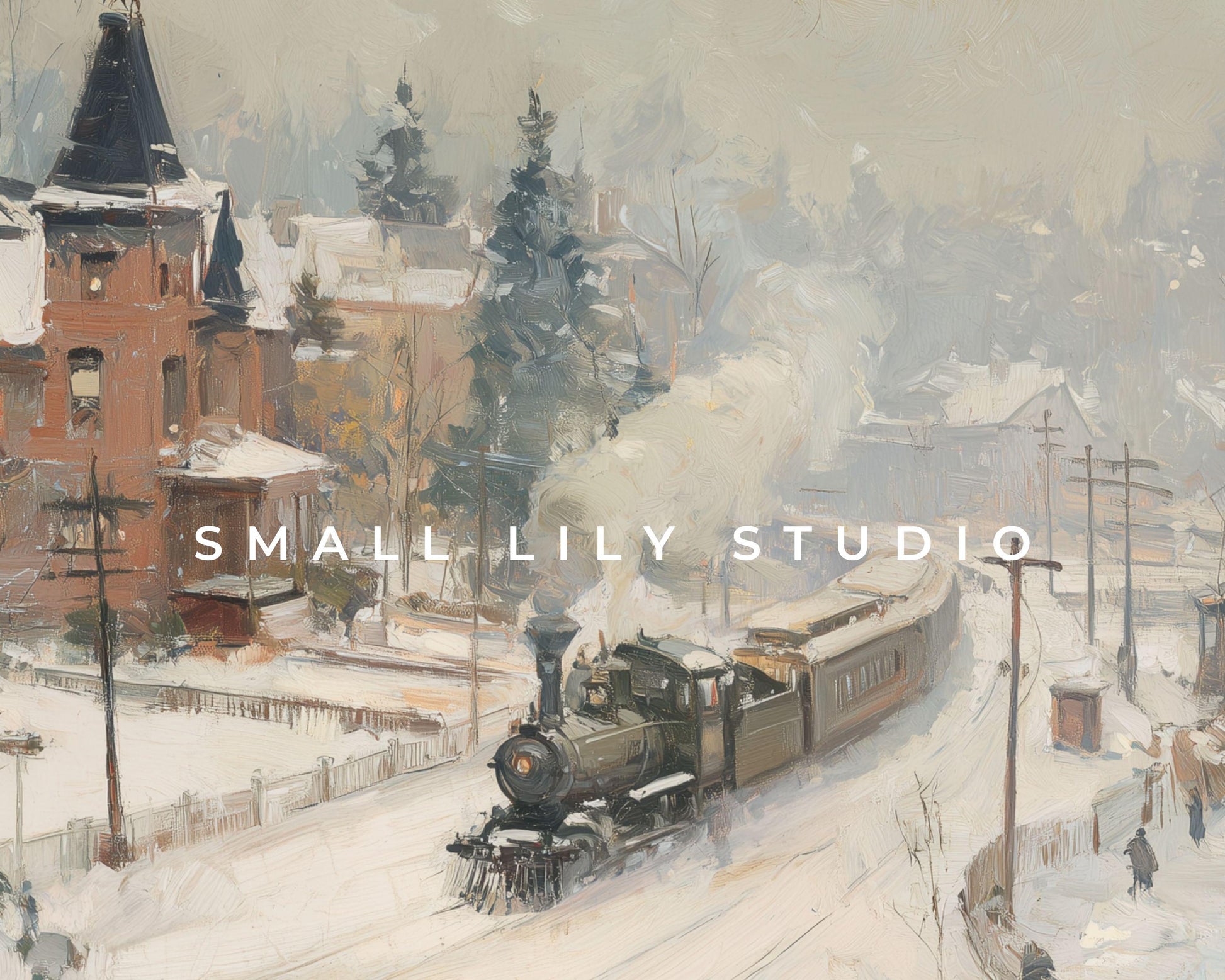 FRAME TV art Train in Winter Town, Samsung Frame TV art Rustic Country Landscape Vintage Style Painting | TV1058