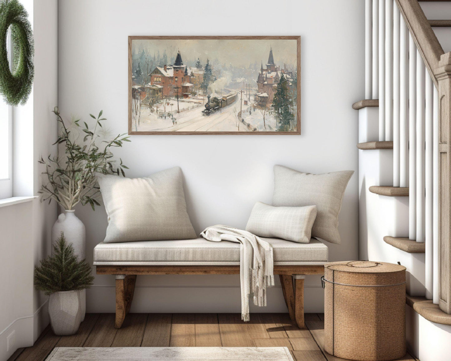 FRAME TV art Train in Winter Town, Samsung Frame TV art Rustic Country Landscape Vintage Style Painting | TV1058