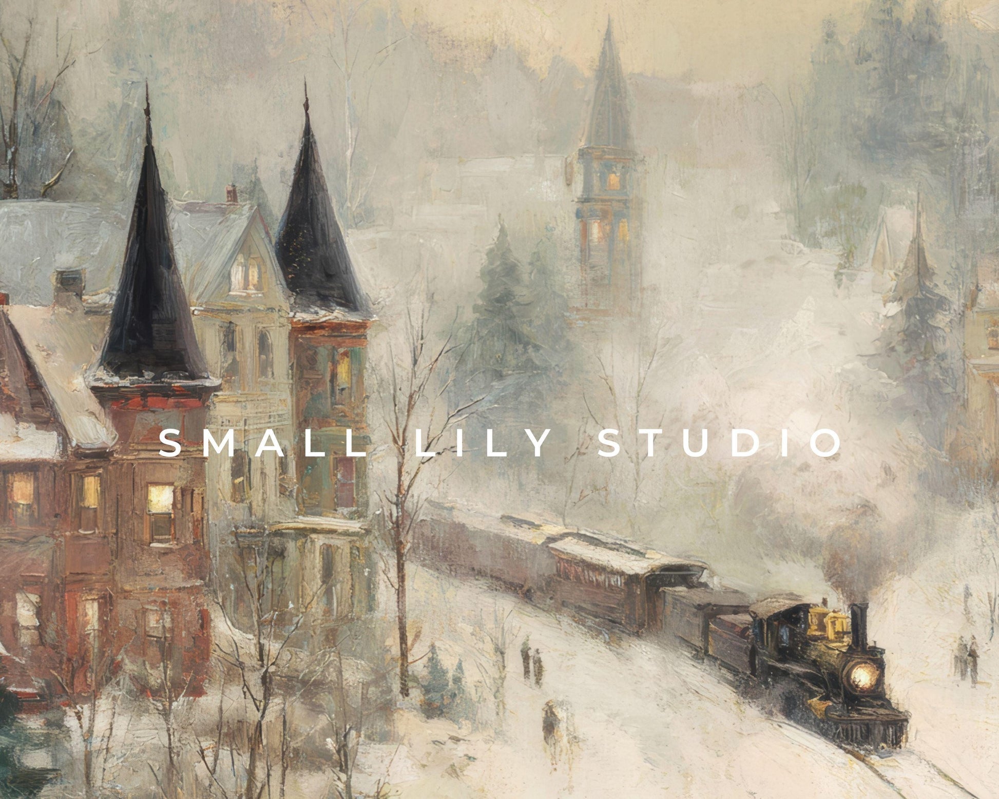 FRAME TV art Train in Winter Town, Samsung Frame TV art Rustic Country Landscape Vintage Style Painting | TV1059