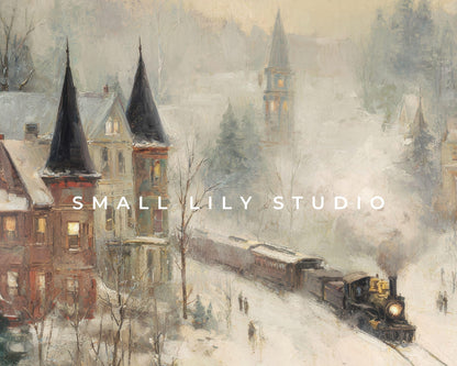 FRAME TV art Train in Winter Town, Samsung Frame TV art Rustic Country Landscape Vintage Style Painting | TV1059