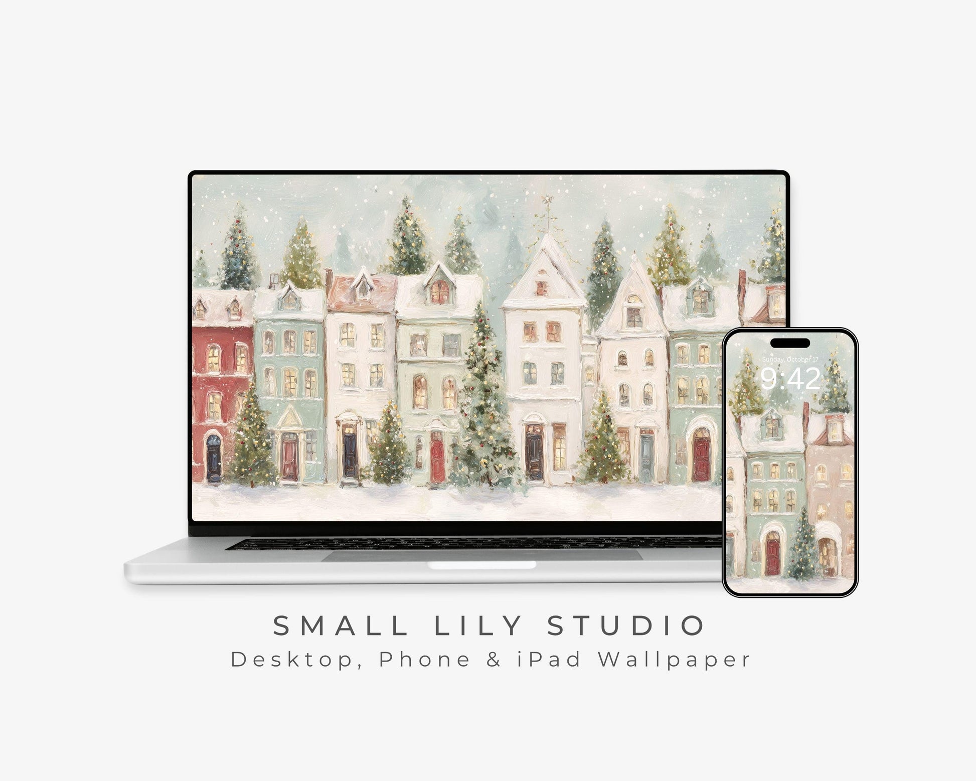 Pastel Christmas Houses Desktop Wallpaper Set, Holiday Phone Wallpaper, Winter iPhone Wallpaper, iPad Background Cute Picture | WS145