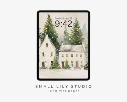 Christmas Houses iPad Wallpaper, Holiday iPad Background, Winter Tablet Wallpaper, Cute Whimsical Picture | WT144