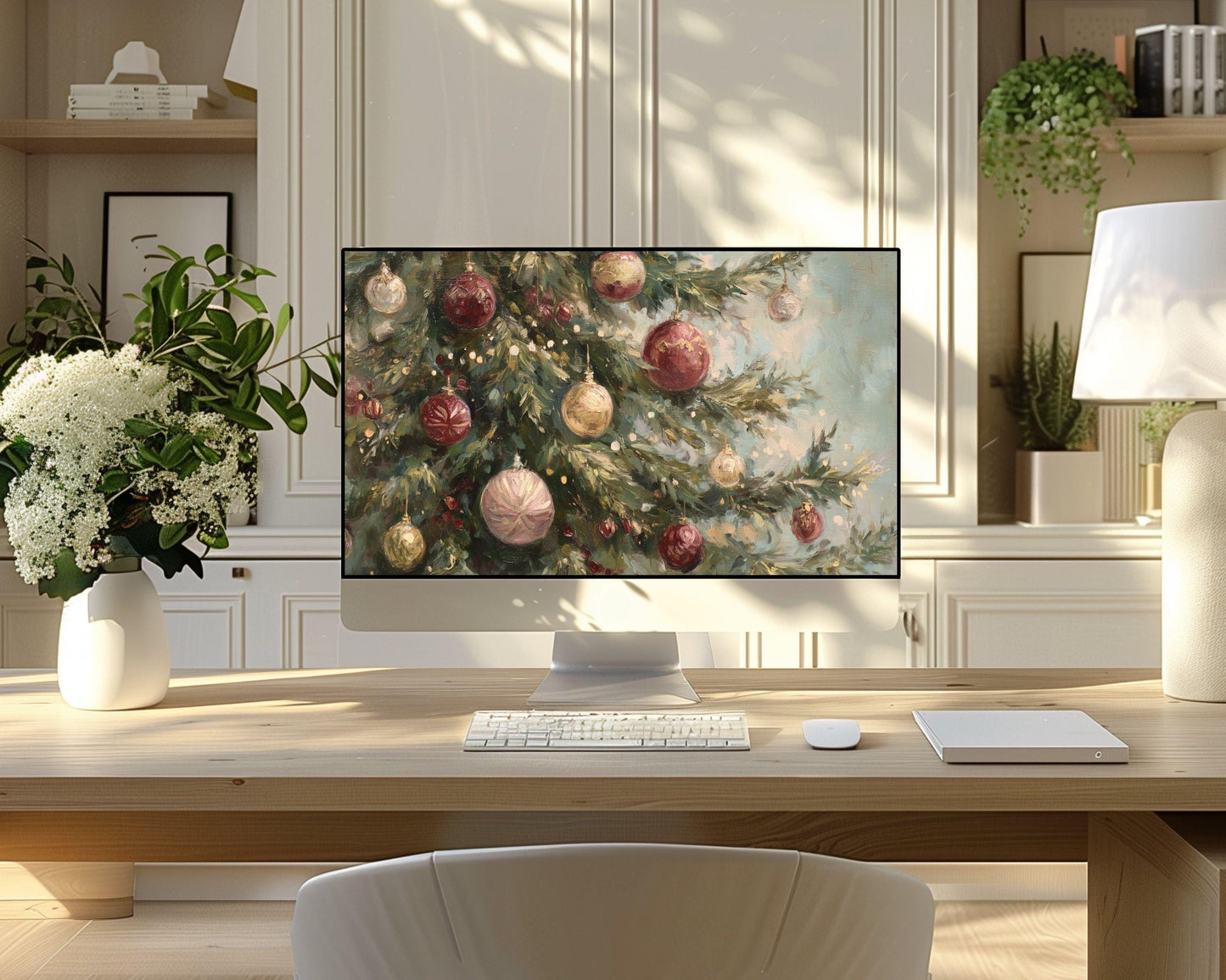 Burgundy Christmas Desktop Wallpaper Set, Christmas Tree Phone Wallpaper, Holiday iPhone Wallpaper, Vintage Style iPad Background | WD147