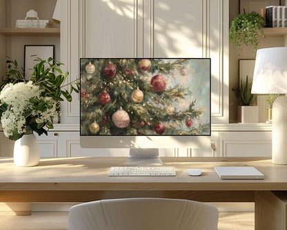 Burgundy Christmas Desktop Wallpaper Set, Christmas Tree Phone Wallpaper, Holiday iPhone Wallpaper, Vintage Style iPad Background | WD147