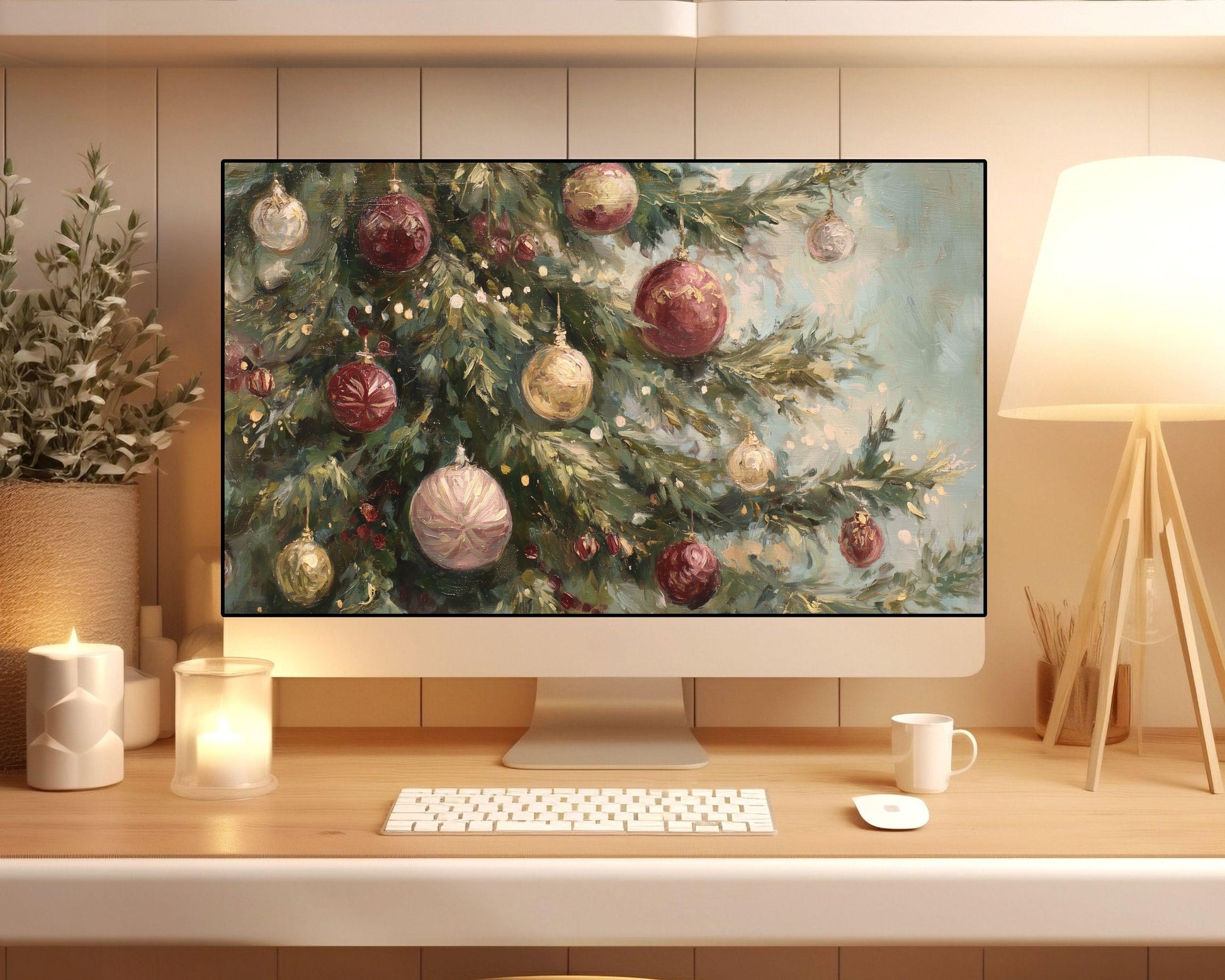 Burgundy Christmas Desktop Wallpaper Set, Christmas Tree Phone Wallpaper, Holiday iPhone Wallpaper, Vintage Style iPad Background | WD147