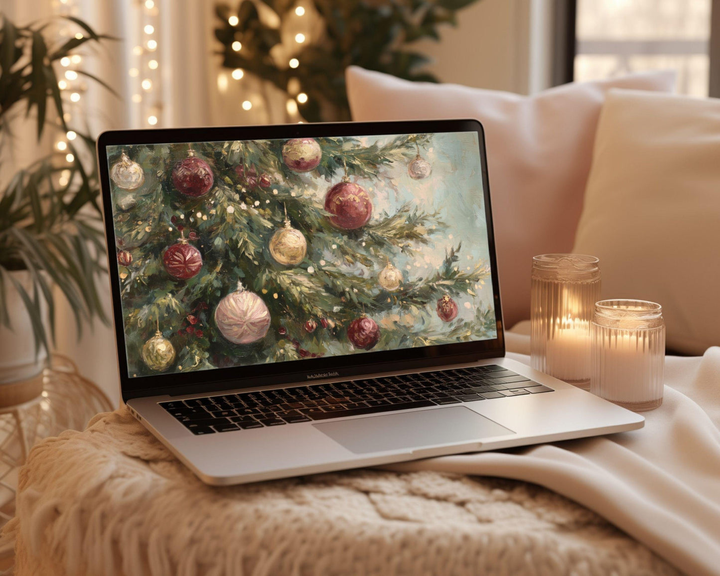 Burgundy Christmas Desktop Wallpaper Set, Christmas Tree Phone Wallpaper, Holiday iPhone Wallpaper, Vintage Style iPad Background | WD147