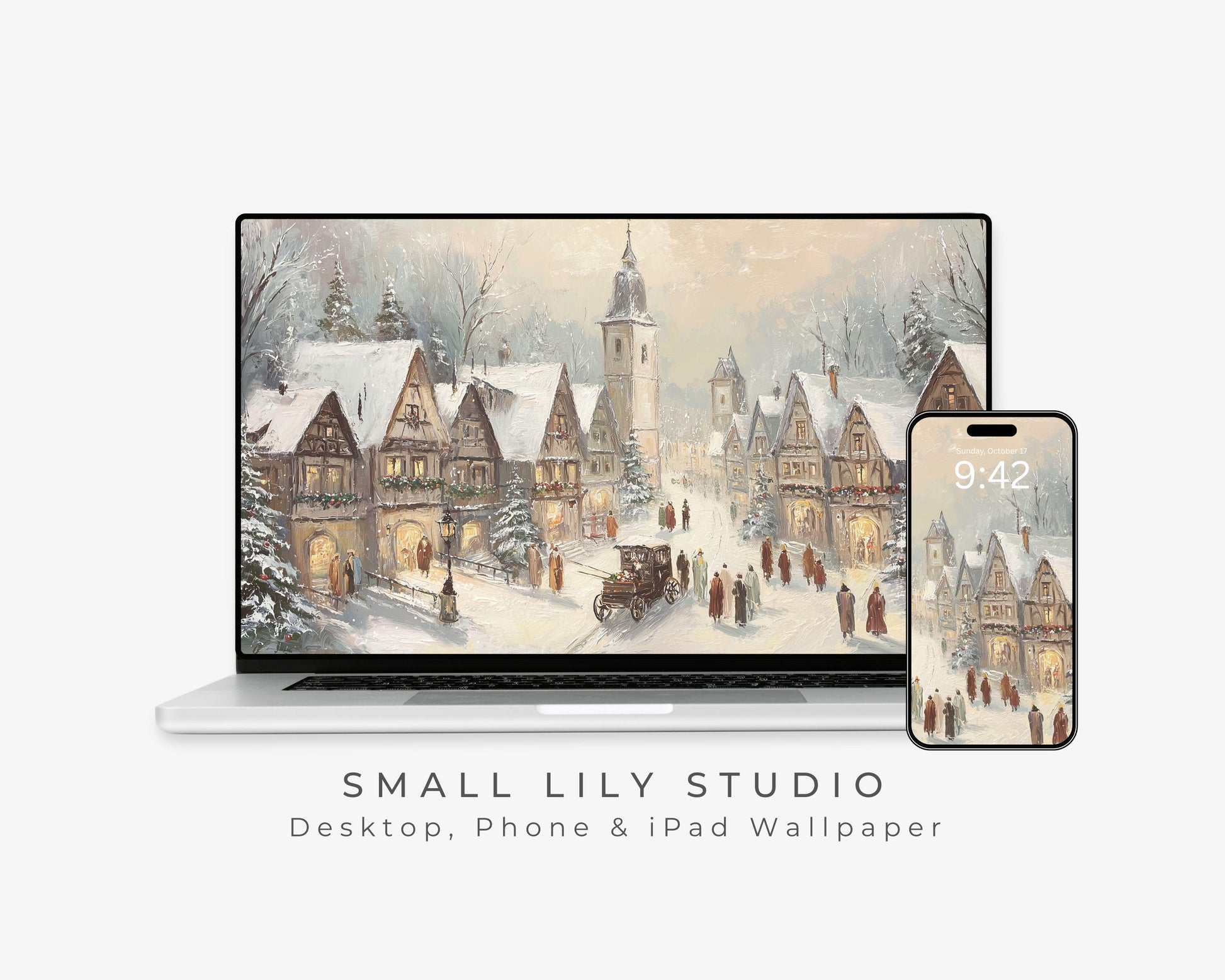 Bavarian Village Wallpaper Set, Christmas Phone Wallpaper, Winter iPhone Wallpaper, Holiday iPad Background Vintage Style | WS149