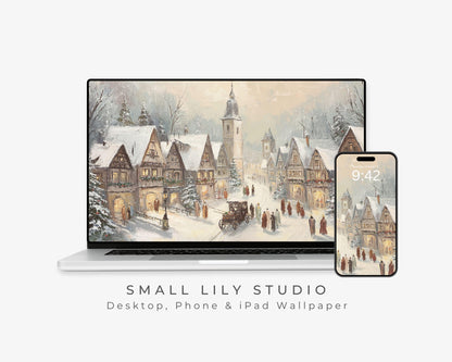 Bavarian Village Wallpaper Set, Christmas Phone Wallpaper, Winter iPhone Wallpaper, Holiday iPad Background Vintage Style | WS149