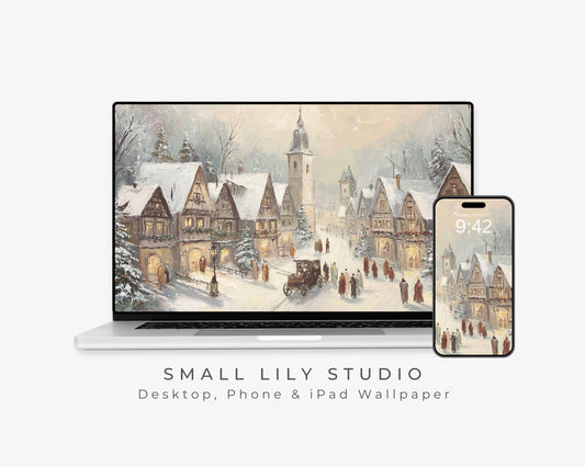 Bavarian Village Wallpaper Set, Christmas Phone Wallpaper, Winter iPhone Wallpaper, Holiday iPad Background Vintage Style | WS149