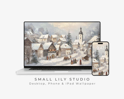 Winter Village Wallpaper Set, Christmas Phone Wallpaper, Holiday iPhone Wallpaper, iPad Background Vintage Style | WS150