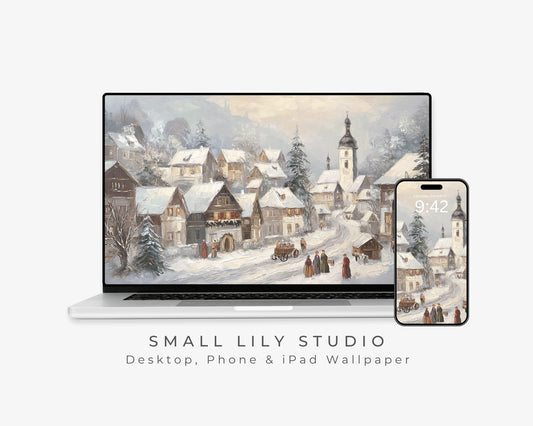 Winter Village Wallpaper Set, Christmas Phone Wallpaper, Holiday iPhone Wallpaper, iPad Background Vintage Style | WS150
