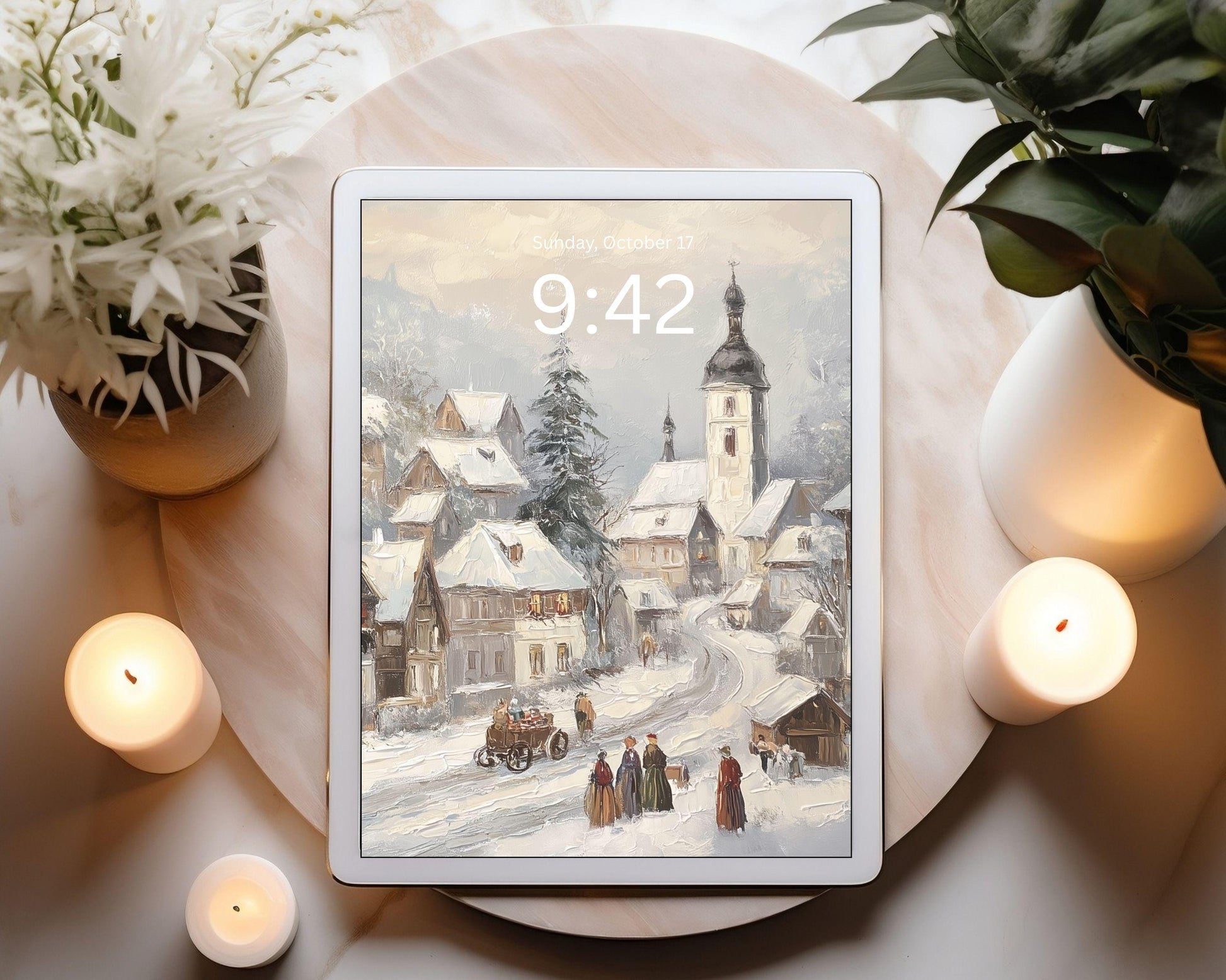 Winter Village Wallpaper Set, Christmas Phone Wallpaper, Holiday iPhone Wallpaper, iPad Background Vintage Style | WS150
