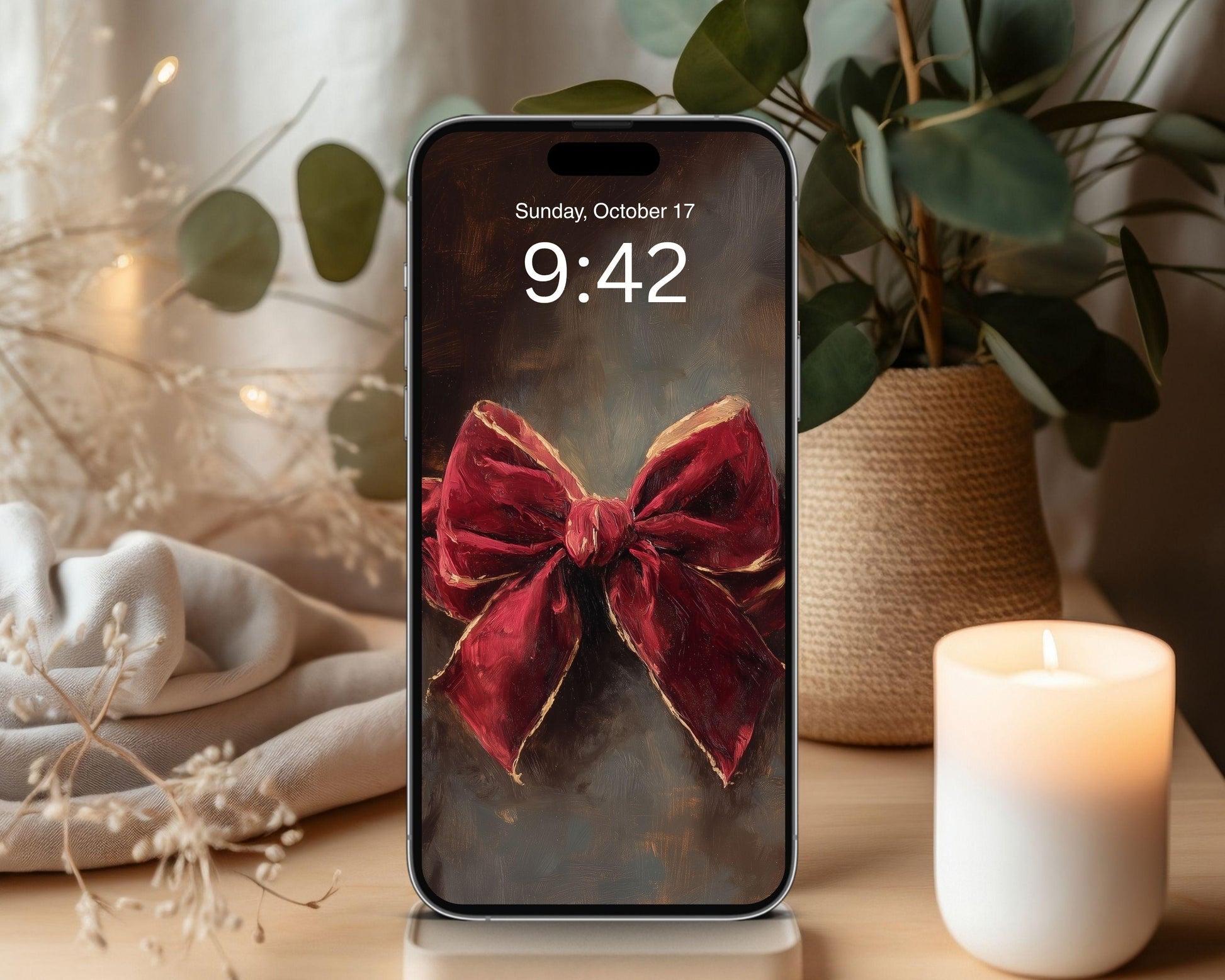 Red Velvet Bow Desktop Wallpaper Set, Holiday Phone Wallpaper, Christmas iPhone Wallpaper, Cute iPad Background | WS151