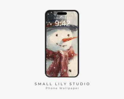 Snowman Phone Wallpaper, Holiday iPhone Wallpaper, Winter Samsung Galaxy Phone Background, Cute Christmas Art | WP148