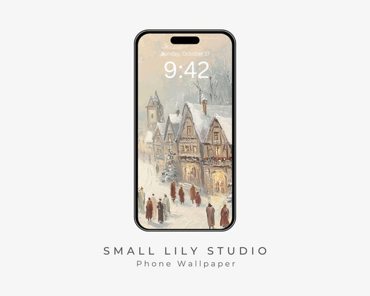 Bavarian Village Phone Wallpaper, Christmas iPhone Wallpaper, Holiday Samsung Galaxy Phone Background, Winter Vintage Style Art | WP149