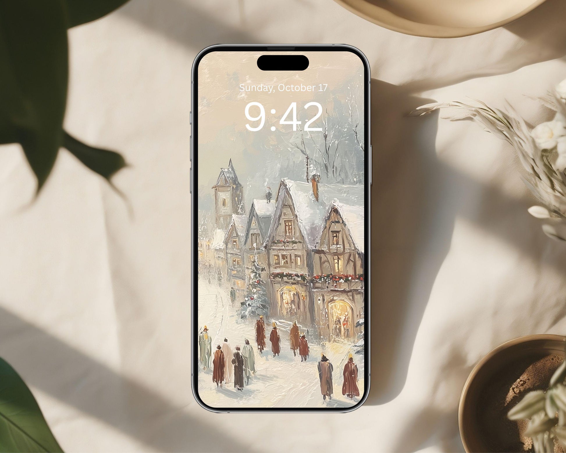 Bavarian Village Phone Wallpaper, Christmas iPhone Wallpaper, Holiday Samsung Galaxy Phone Background, Winter Vintage Style Art | WP149