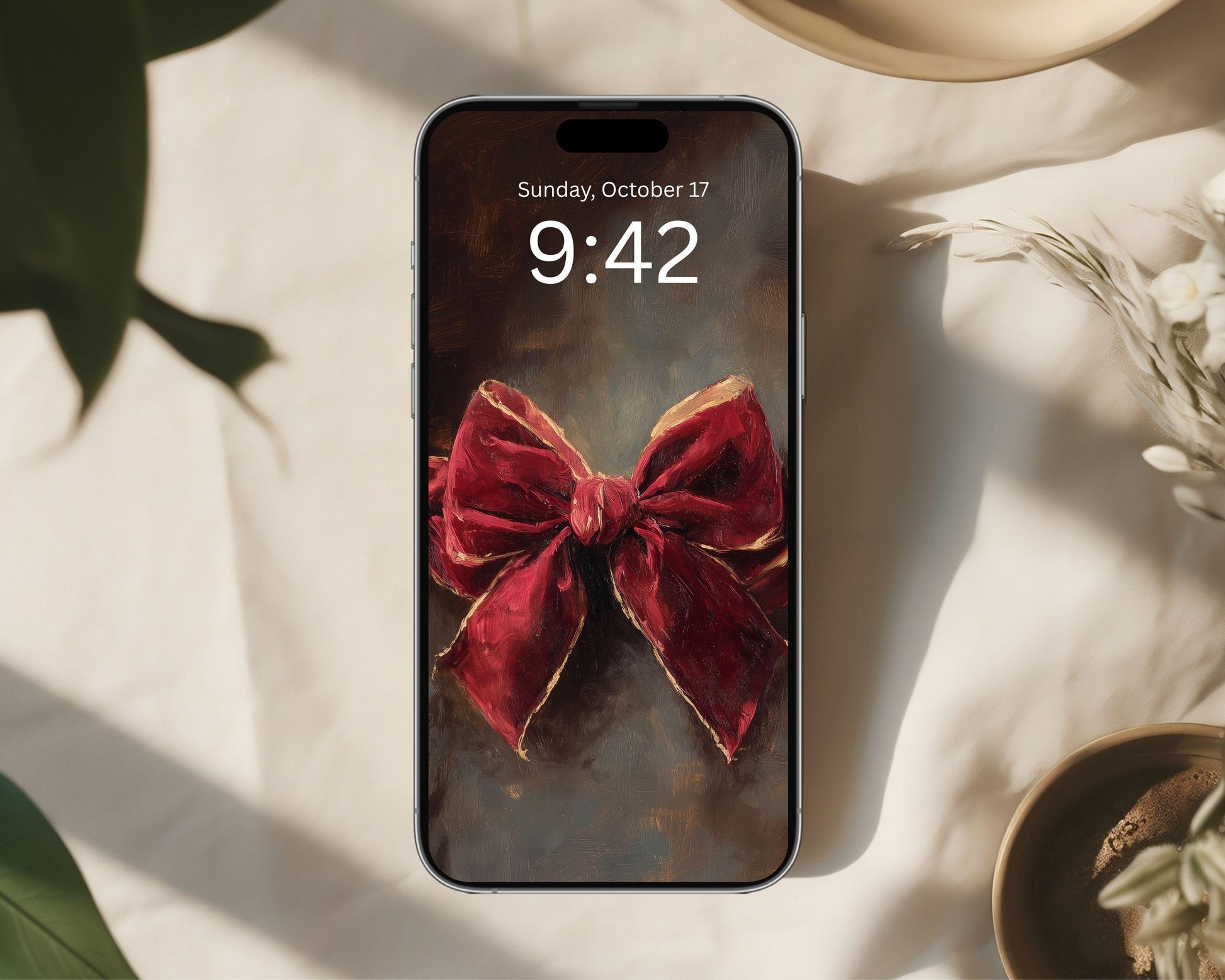 Red Velvet Bow Phone Wallpaper, Holiday iPhone Wallpaper, Christmas Samsung Galaxy Phone Background, Cute Christmas Art | WP151