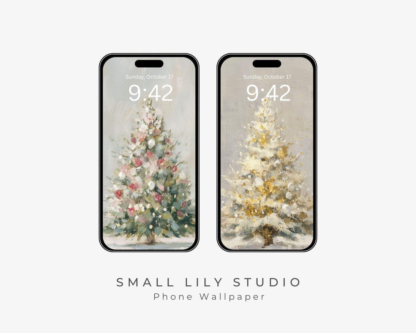 Christmas Tree Phone Wallpaper Set of 2, Holiday iPhone Wallpapers, Cute Samsung Galaxy Phone Background, Vintage Style Art | WPB004