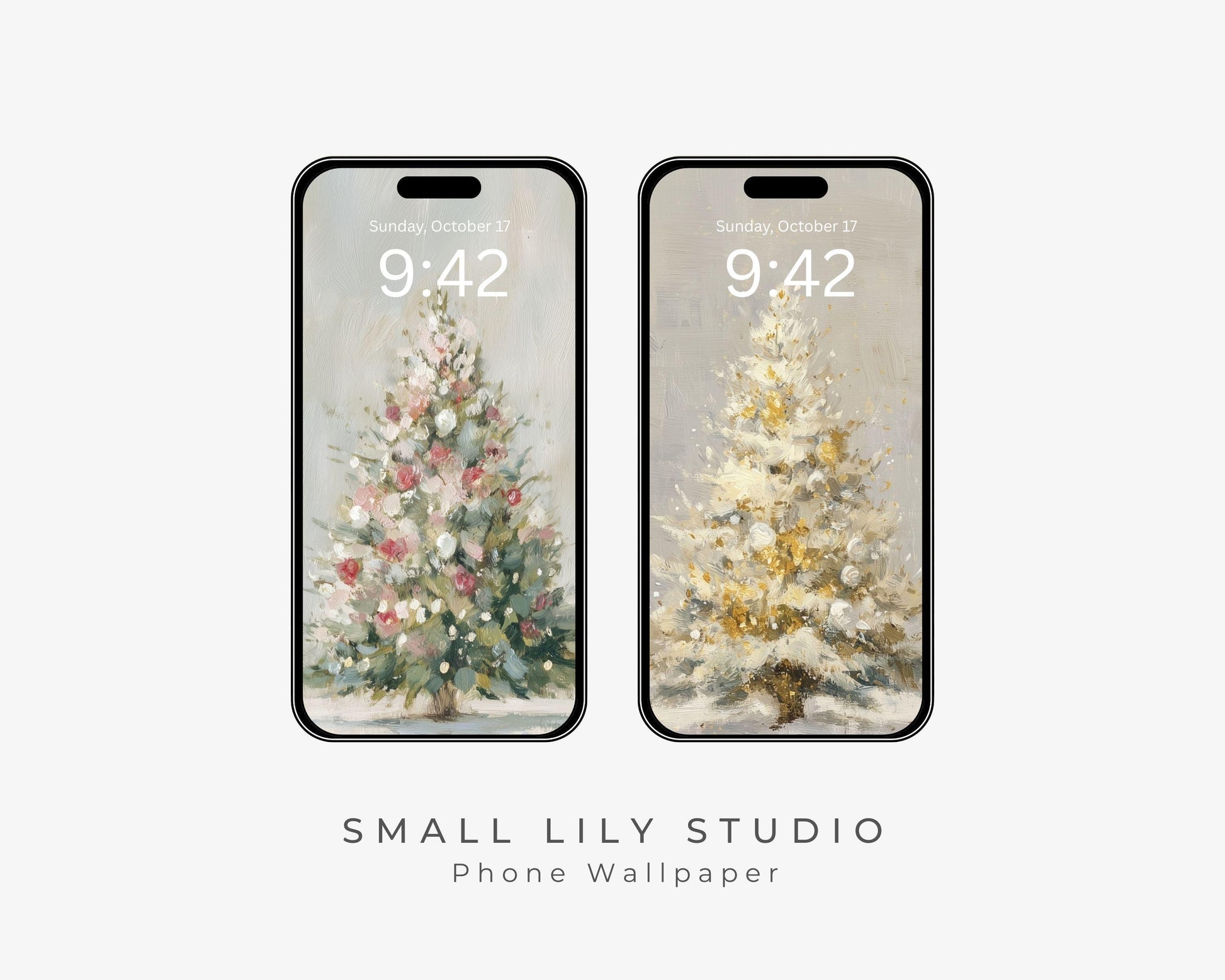 Christmas Tree Phone Wallpaper Set of 2, Holiday iPhone Wallpapers, Cute Samsung Galaxy Phone Background, Vintage Style Art | WPB004