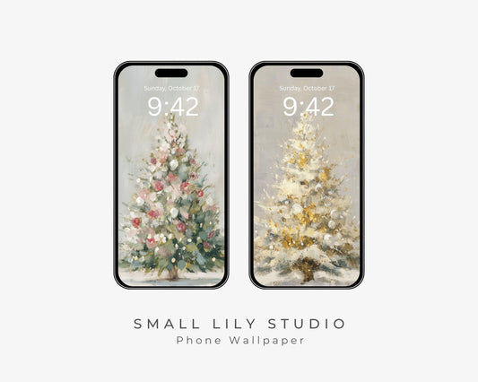Christmas Tree Phone Wallpaper Set of 2, Holiday iPhone Wallpapers, Cute Samsung Galaxy Phone Background, Vintage Style Art | WPB004