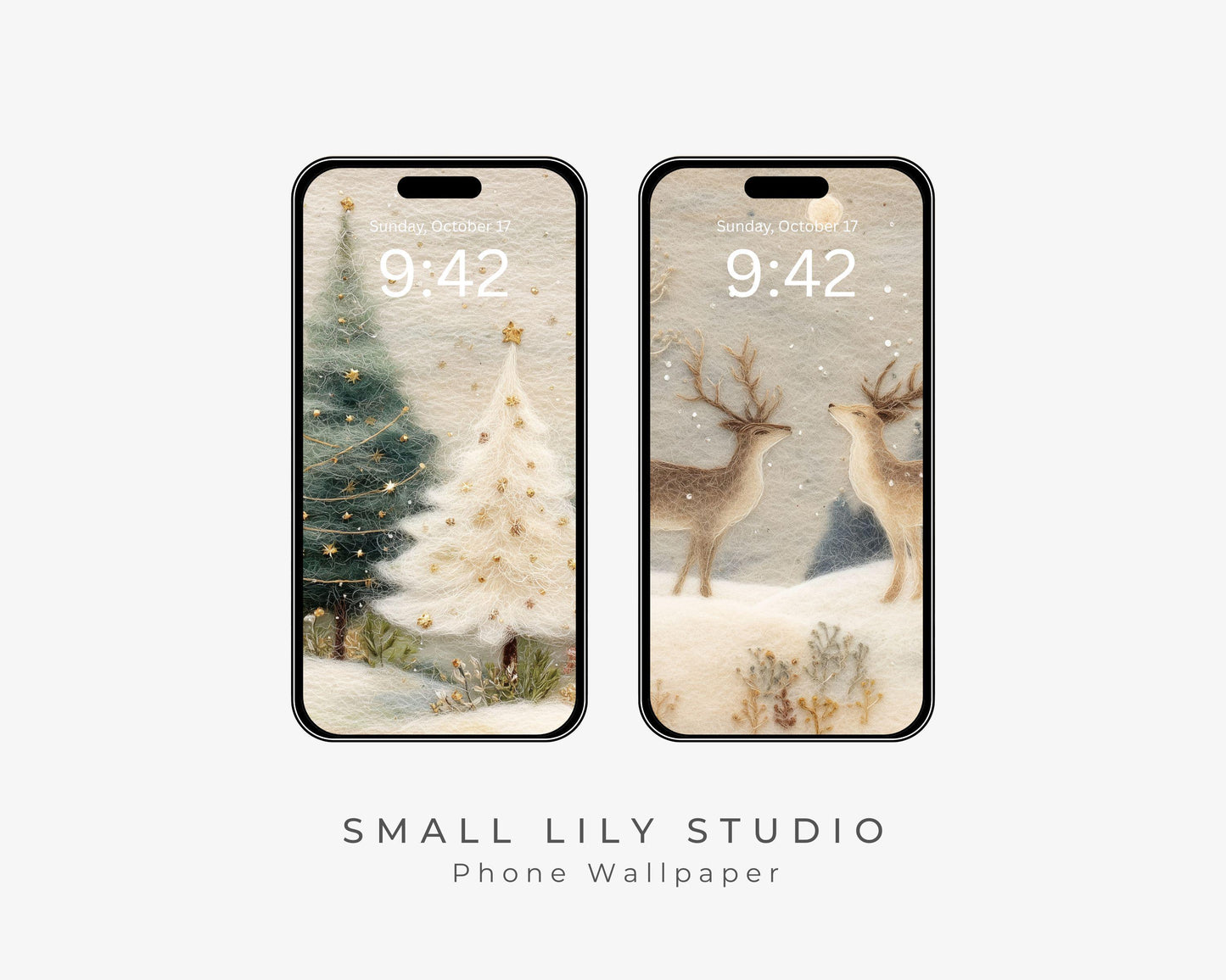 Felt Style Christmas Wallpaper Set of 2, Winter Holiday iPhone Wallpapers, Cute Deer Samsung Galaxy Phone Background | WPB005