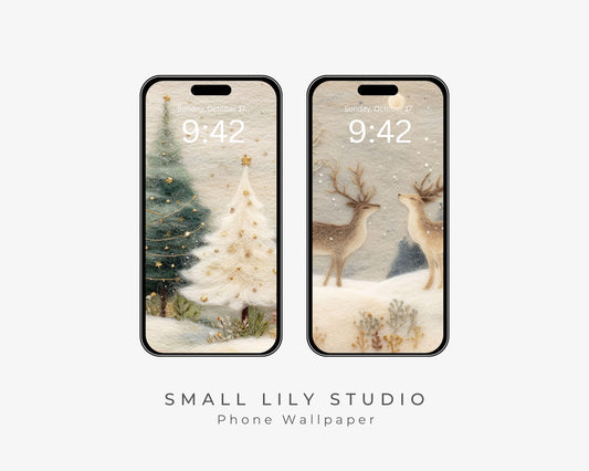 Felt Style Christmas Wallpaper Set of 2, Winter Holiday iPhone Wallpapers, Cute Deer Samsung Galaxy Phone Background | WPB005