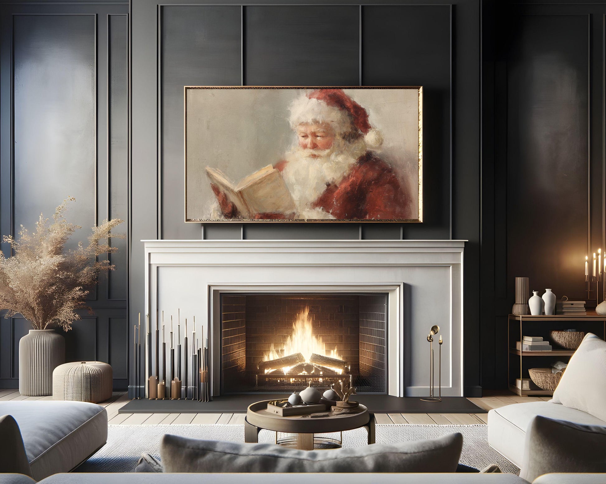 FRAME TV art Santa Reading a Book, Samsung Frame TV art Cozy Christmas Vintage Style Painting | TV1040