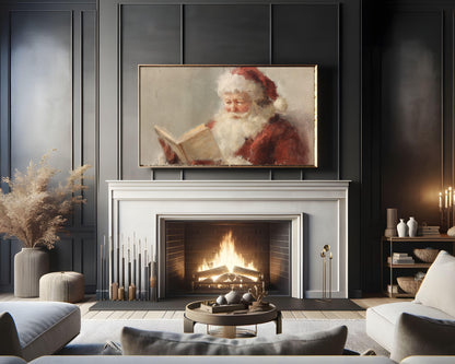 FRAME TV art Santa Reading a Book, Samsung Frame TV art Cozy Christmas Vintage Style Painting | TV1040