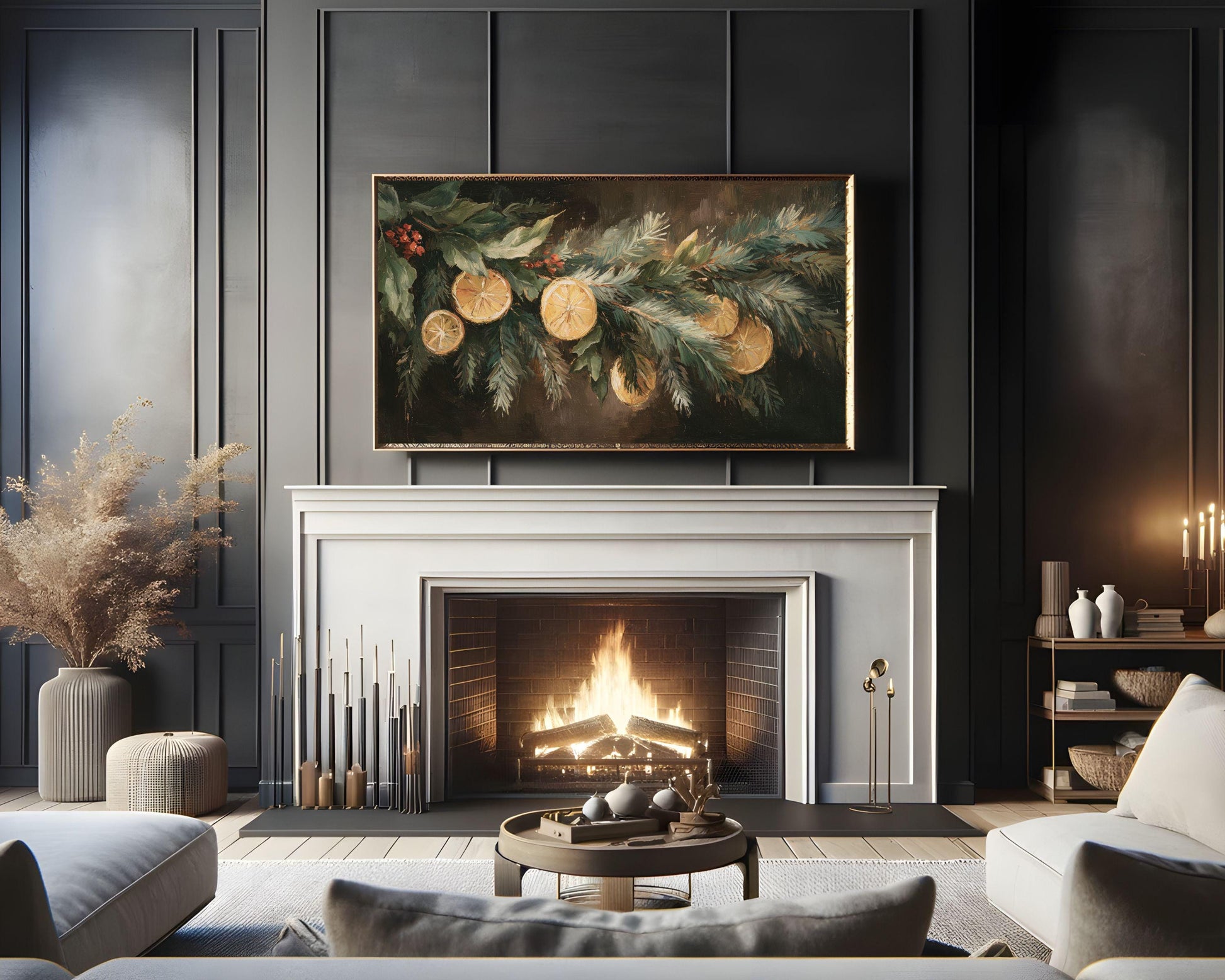 FRAME TV art Orange Garland, Samsung Frame TV art Organic Christmas Vintage Style Painting | TV1041