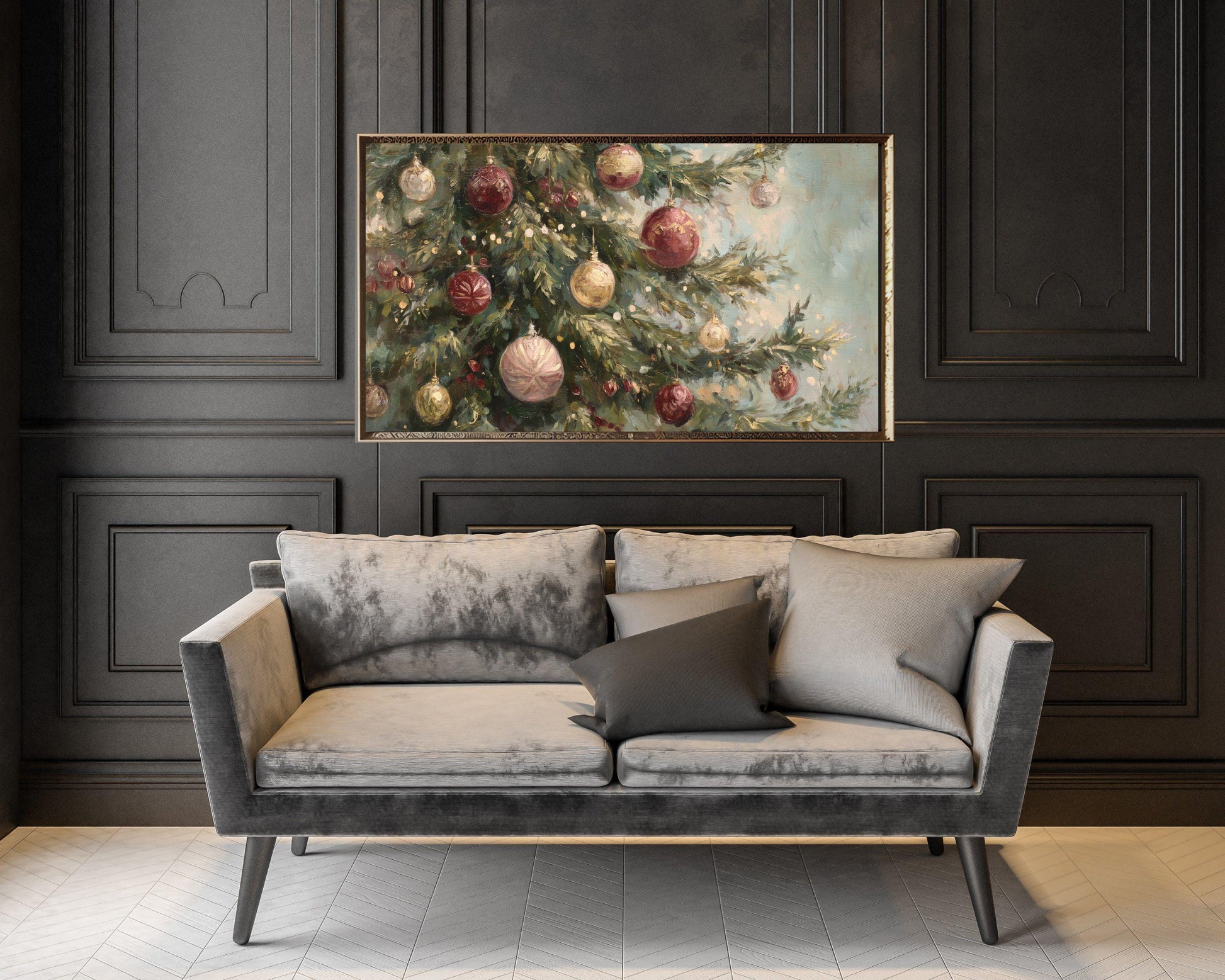 FRAME TV art Burgundy Christmas Tree, Samsung Frame TV art Festive Holiday Vintage Style Painting | TV1042