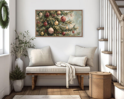 FRAME TV art Burgundy Christmas Tree, Samsung Frame TV art Festive Holiday Vintage Style Painting | TV1042