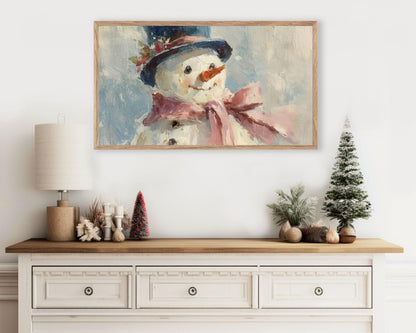 FRAME TV art Cute Snowman with Pink Bow, Samsung Frame TV art Christmas Winter Holiday Vintage Style Painting | TV1043