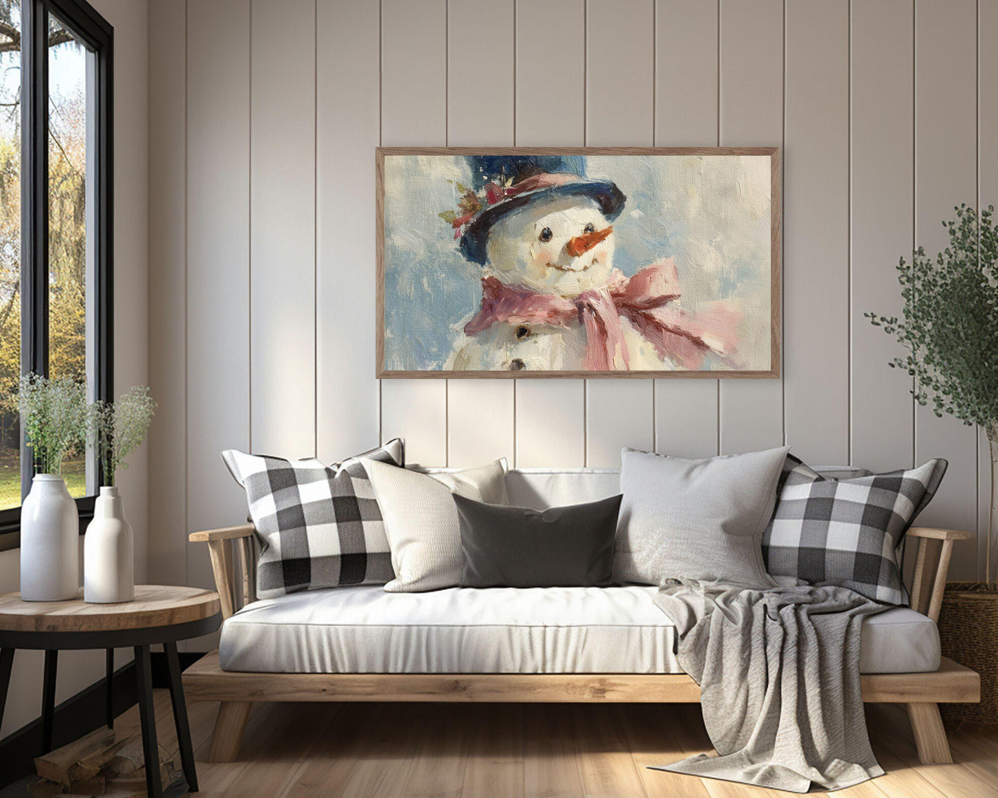 FRAME TV art Cute Snowman with Pink Bow, Samsung Frame TV art Christmas Winter Holiday Vintage Style Painting | TV1043