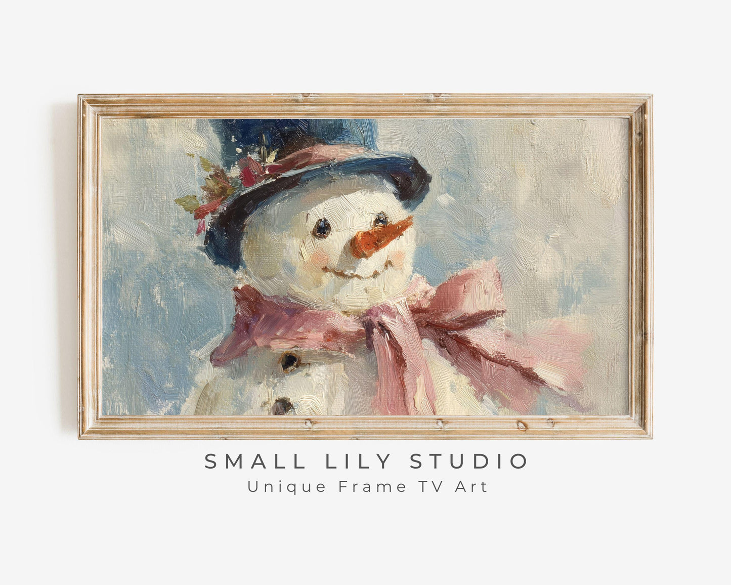 FRAME TV art Cute Snowman with Pink Bow, Samsung Frame TV art Christmas Winter Holiday Vintage Style Painting | TV1043