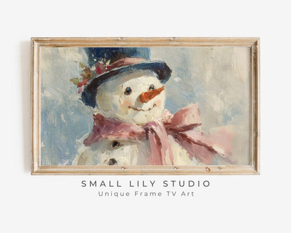 FRAME TV art Cute Snowman with Pink Bow, Samsung Frame TV art Christmas Winter Holiday Vintage Style Painting | TV1043