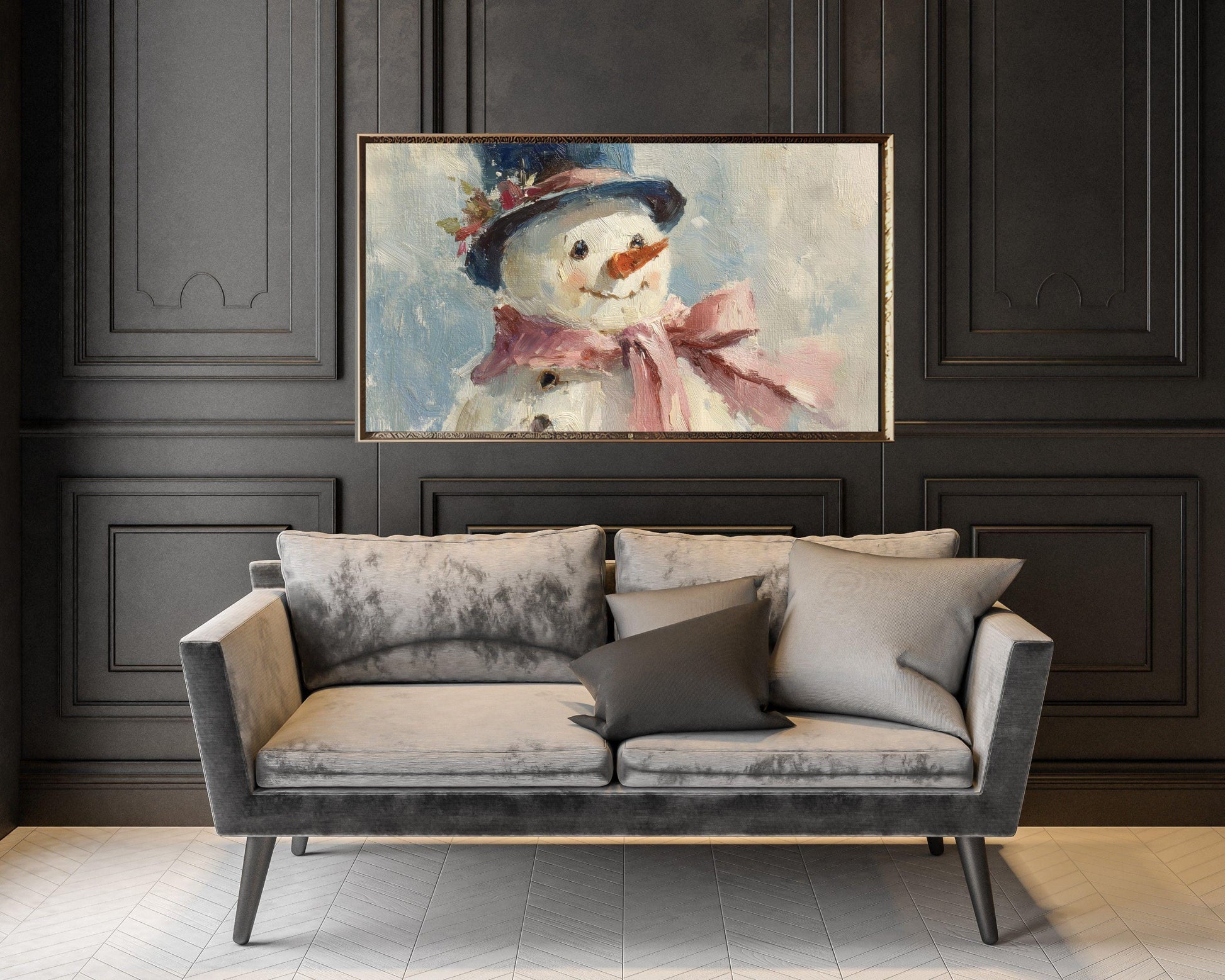 FRAME TV art Cute Snowman with Pink Bow, Samsung Frame TV art Christmas Winter Holiday Vintage Style Painting | TV1043