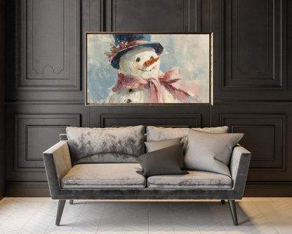 FRAME TV art Cute Snowman with Pink Bow, Samsung Frame TV art Christmas Winter Holiday Vintage Style Painting | TV1043
