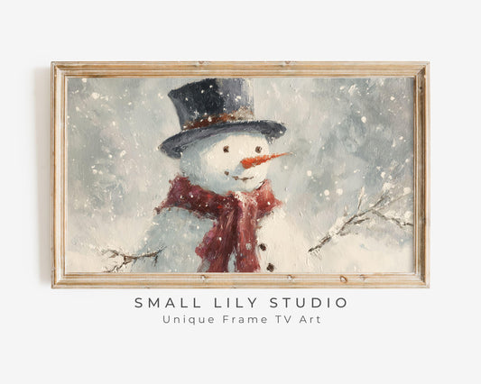 FRAME TV art Cute Snowman with Red Scarf, Samsung Frame TV art Christmas Winter Holiday Vintage Style Painting | TV1044