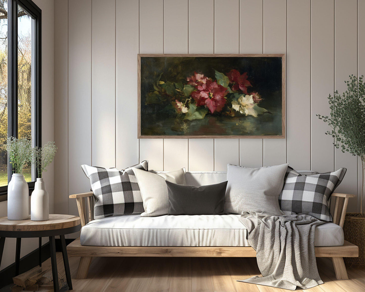 FRAME TV art Moody Christmas Flowers, Samsung Frame TV art Burgundy Poinsettias, Vintage Style Floral tv screensaver | TV1062