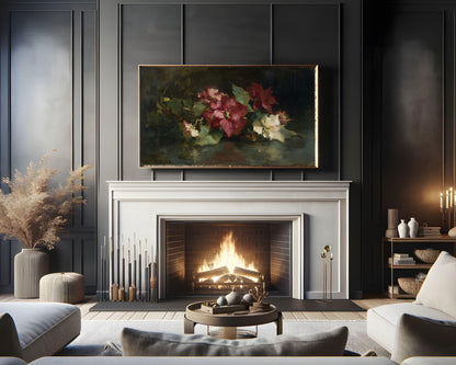 FRAME TV art Moody Christmas Flowers, Samsung Frame TV art Burgundy Poinsettias, Vintage Style Floral tv screensaver | TV1062