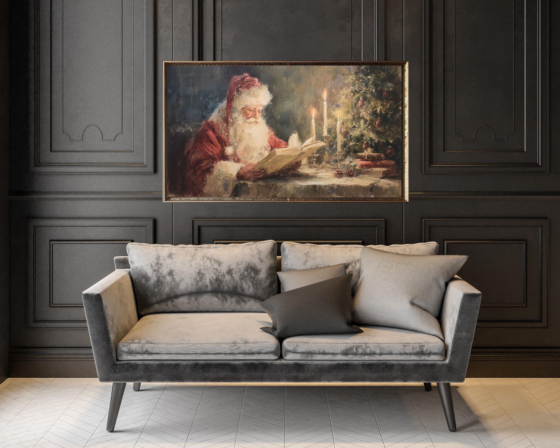 FRAME TV art Santa Reading, Samsung Frame TV art Moody Christmas, Cozy Vintage Style Holiday tv screensaver | TV1075