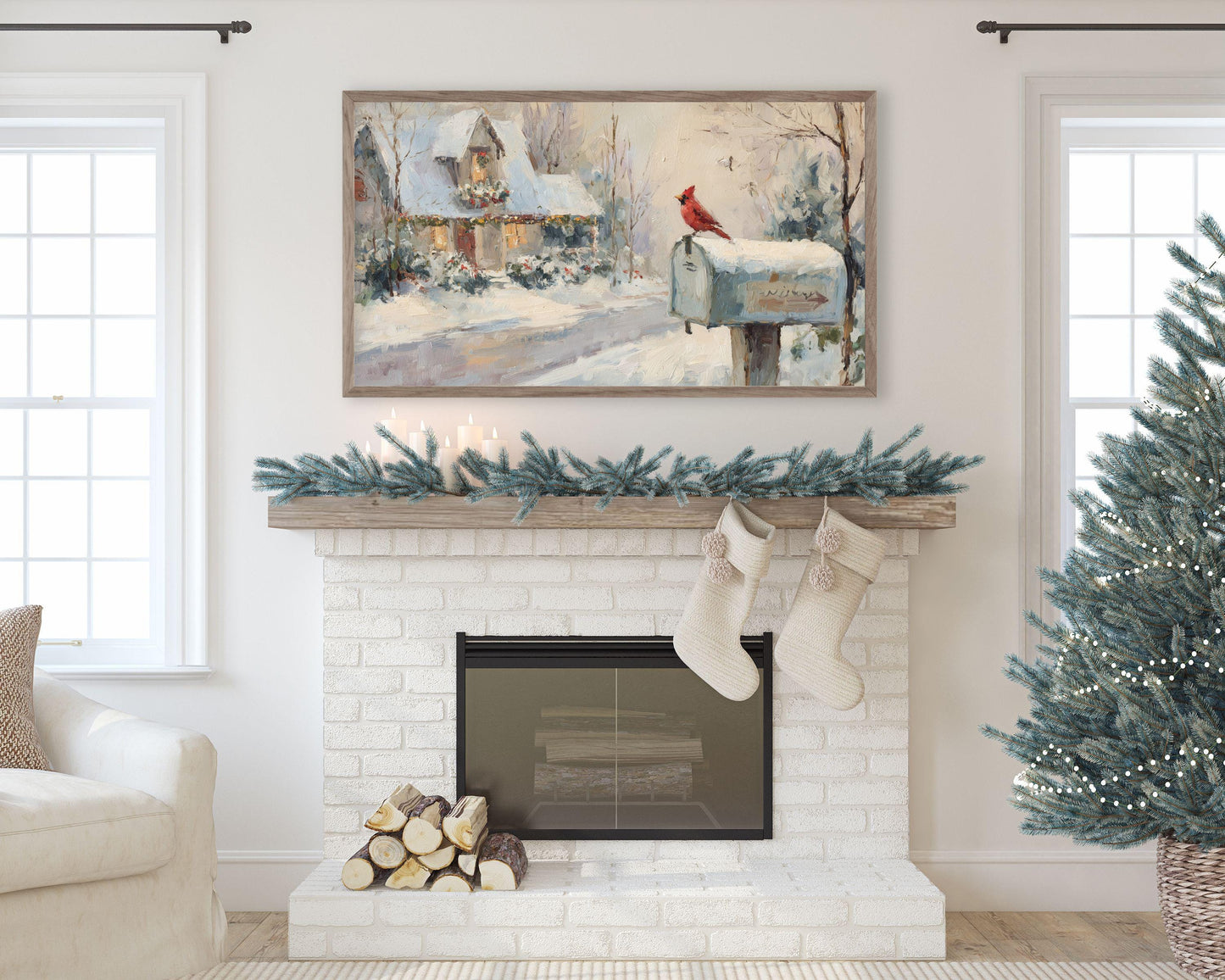 FRAME TV art Red Cardinal on Mailbox, Samsung Frame TV art Christmas, Winter Holiday Vintage Style tv screensaver | TV1080