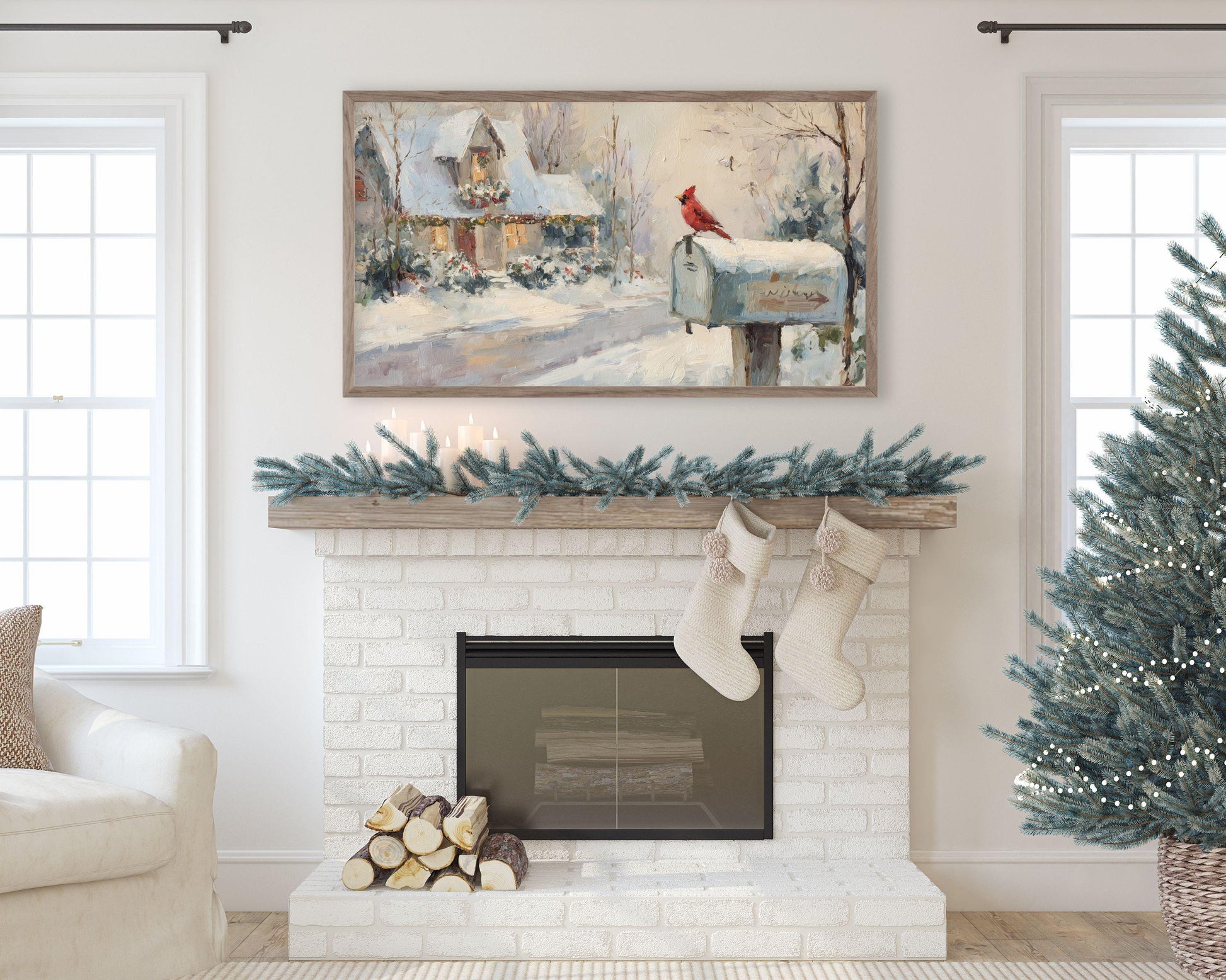 FRAME TV art Red Cardinal on Mailbox, Samsung Frame TV art Christmas, Winter Holiday Vintage Style tv screensaver | TV1080