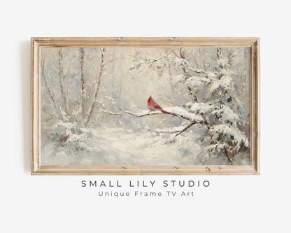 FRAME TV art Red Cardinal in Winter Landscape, Samsung Frame TV art Christmas, Vintage Style Holiday tv screensaver | TV1082