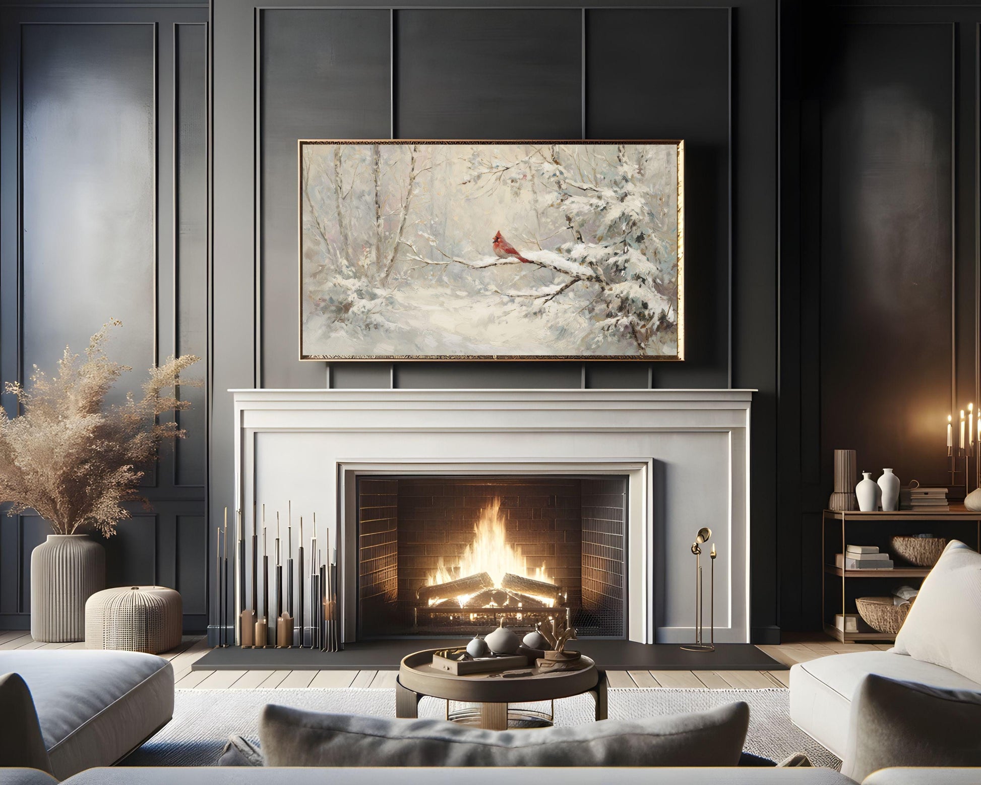 FRAME TV art Red Cardinal in Winter Landscape, Samsung Frame TV art Christmas, Vintage Style Holiday tv screensaver | TV1082