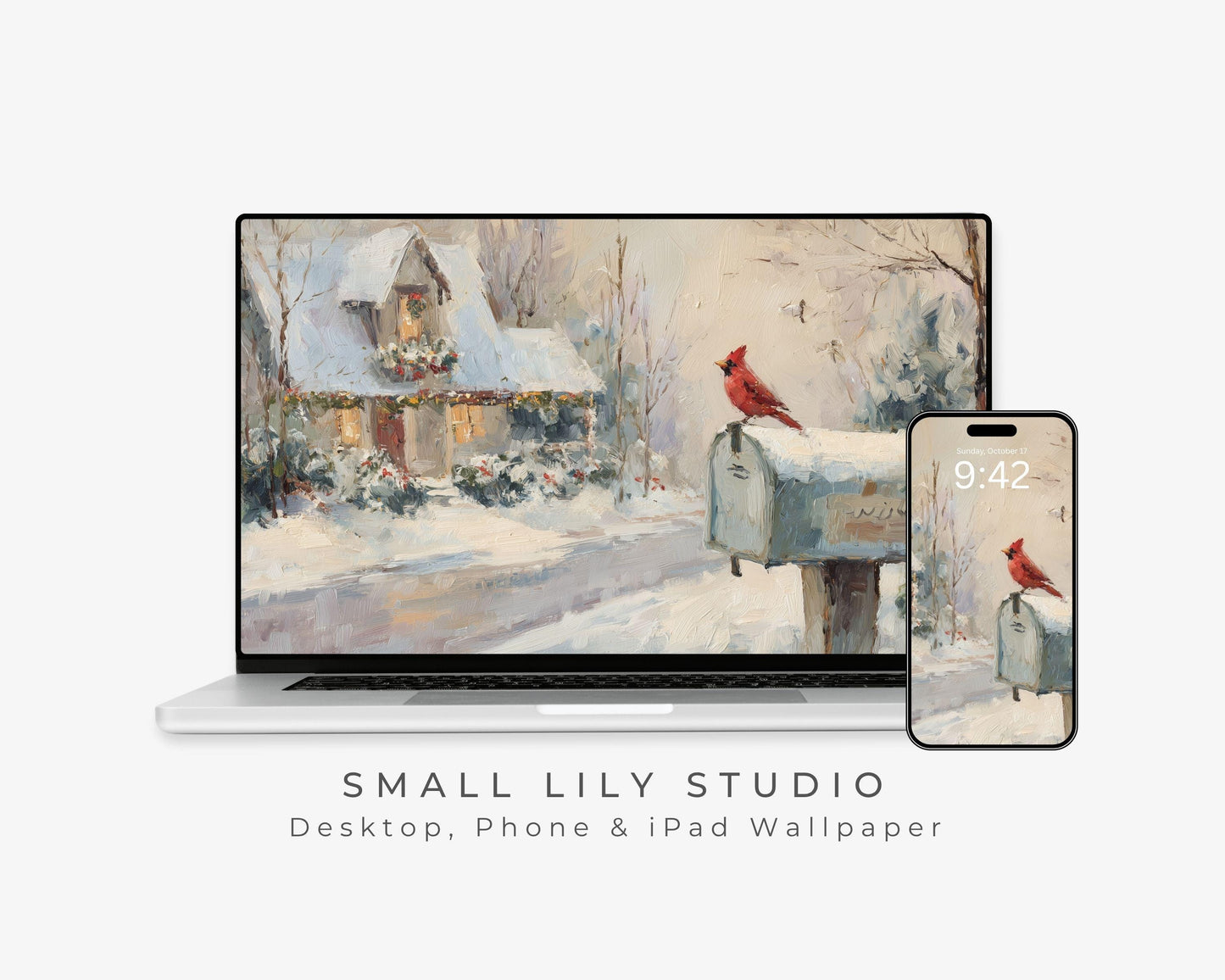 Red Cardinal Desktop Wallpaper Set, Christmas Phone Wallpaper, Winter iPhone Wallpaper, Aesthetic iPad Background Vintage Style | WS155