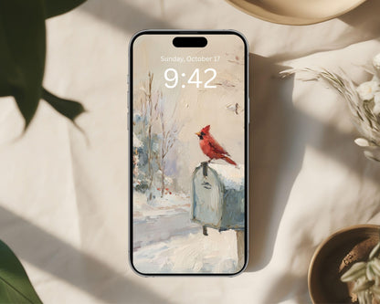 Red Cardinal Phone Wallpaper, Christmas iPhone Wallpaper, Winter Samsung Galaxy Phone Background, Vintage Style Art | WP155