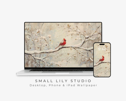 Red Cardinal Desktop Wallpaper Set, Christmas Phone Wallpaper, Winter iPhone Wallpaper, Aesthetic iPad Background Vintage Style | WS156