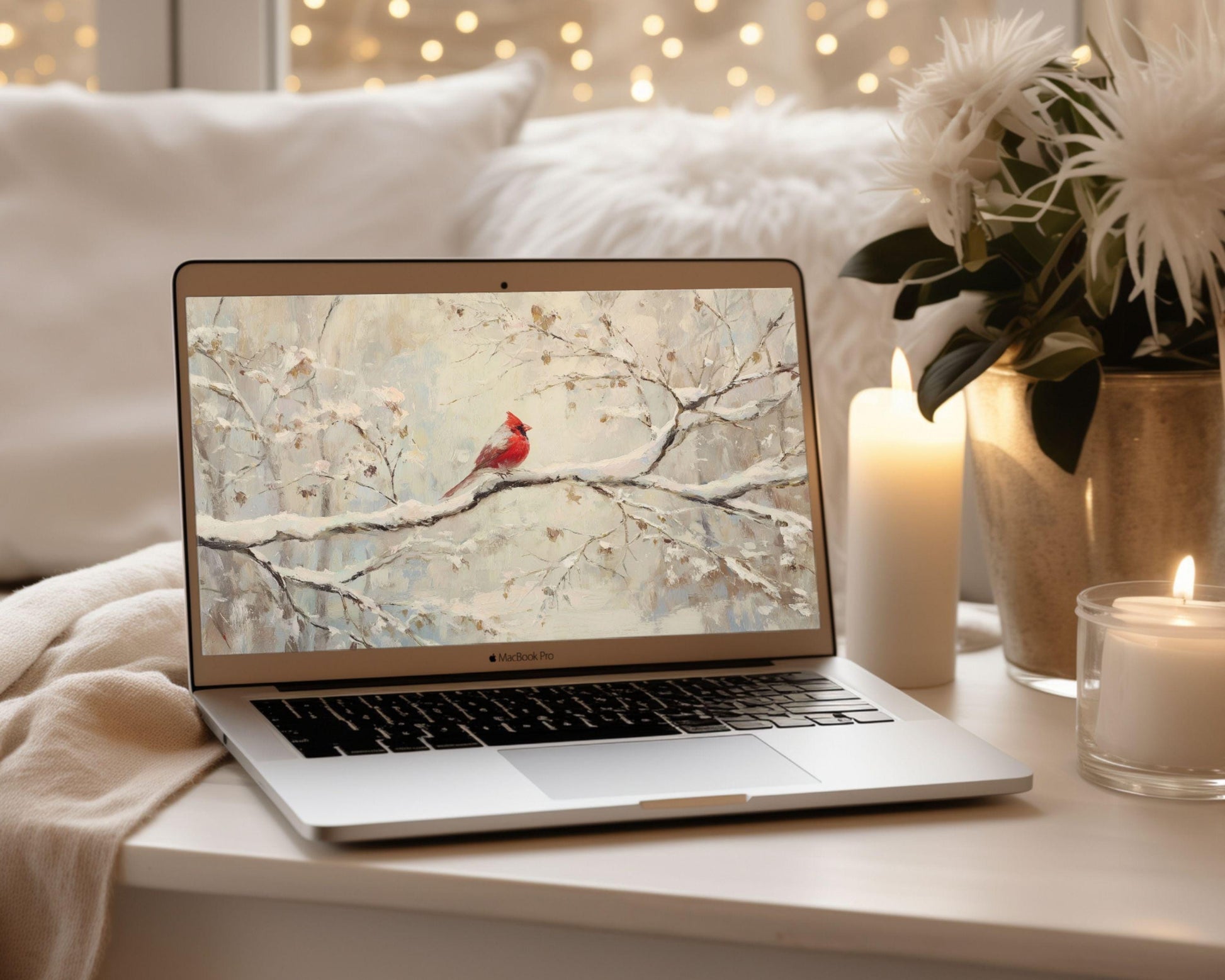 Red Cardinal Desktop Wallpaper Set, Christmas Phone Wallpaper, Winter iPhone Wallpaper, Aesthetic iPad Background Vintage Style | WS156